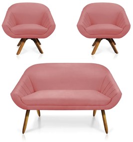Kit 01 Namoradeira 02 Lugares e 02 Poltronas Giratória Giovana Suede Base Madeira MM30 - D'Rossi - Rose
