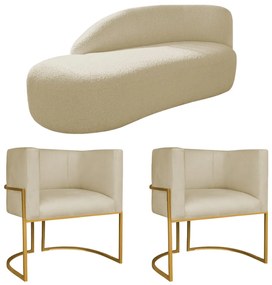 Kit Divã Luna 140cm Lado Esquerdo e 02 Poltronas Base de Ferro Dourado Suede