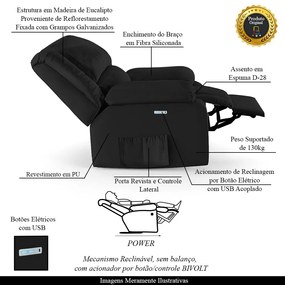 Poltrona do Papai Reclinável Sala de Cinema Madrid Elétrica Touch USB PU Preto  G23