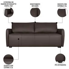 Sofá Living 2 Lugares Sala de Estar 180cm Virtus L07 Couro Marrom Café
