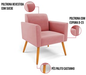Kit 2 Poltronas Pés Palito Castanho Marisa Suede - Rose