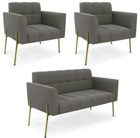 Sofá Namoradeira e 2 Poltronas Pé de Ferro Dourado Elisa Suede D03 - D'Rossi - Grafite