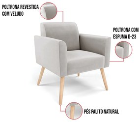 Poltrona Pés Palito Natural Marisa Veludo - Cinza