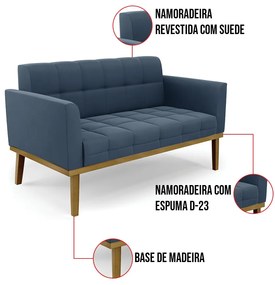 Sofá Namoradeira Base de Madeira Castanho Elisa Suede D03 - D'Rossi  - Azul Marinho