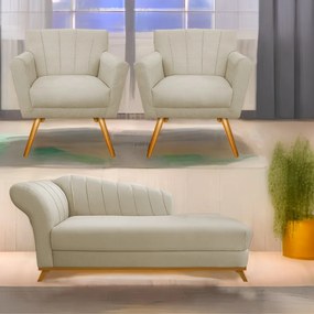 Kit Diva Recamier Vanessa 185cm Lado Direito e 02 Poltronas Laura Linho - ADJ Decor