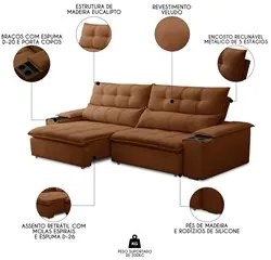 Sofá Retrátil 3 Lugares com Porta Copo 250cm Malta F05 Veludo Terracot