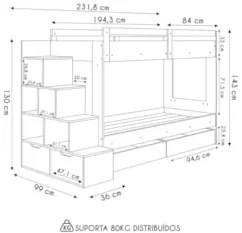 Beliche Infantil Com Escada e 4 Gavetas Infix C06 Branco/Aveiro - Mpoz