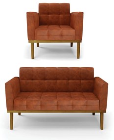 Conjunto Poltrona e Namoradeira Decorativas Karen Pés Fixo em Madeira Castanho Pu Nozes G19 - Gran Belo