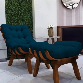 Conjunto Poltrona Decorativa Costela com Puff Costela Veludo Azul Marinho