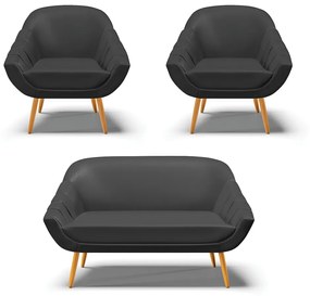 Kit 01 Namoradeira 02 Lugares e 02 Poltronas Giovana Corino Preto Pés Palito Castanho - D'Rossi