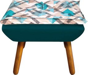 Kit 01 Namoradeira com 02 Poltronas e 02 Puffs Opala Composê Suede com Estampado Traçado Azul D33 Pés Palito Castanho - Azul Pavão