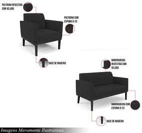 Conjunto Poltrona e Namoradeira Decorativa Isabella Pés Fixo em Madeira Preto Veludo Preto G19 - Gran Belo