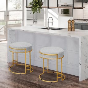 Kit 2 Puffs Decorativos Redondo Sakura Base Metal Dourado Linho Cinza G41 - Gran Belo