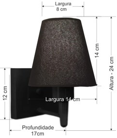 Arandela Quadrada Md-2034 Preto Cúpula em Tecido Cone Preta - Bivolt