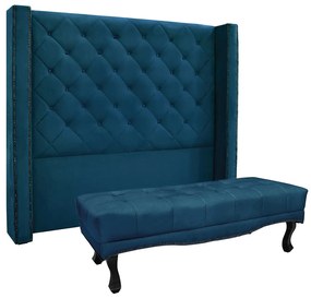 Cabeceira Cama Box King 195cm e Recamier Vicenza Veludo S04 - D'Rossi - Azul Marinho