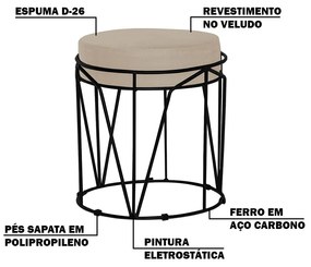 Puff Decorativo Sala de Estar Base Preto Chloe Veludo Bege G41 - Gran Belo