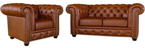 Conjunto de Sofás Sala de Estar Chesterfield Pés Madeira Couro Conhaque Brilho G40 - Gran Belo