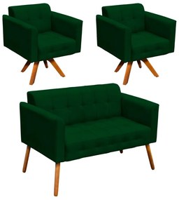 Kit 01 Namoradeira e 02 Poltronas Giratória Elisa Suede Base Madeira MM30 D'Rossi - Verde