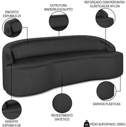 Sofá 2 Lugares para Sala de Estar Living 150cm Theo D06 Sintético Pret