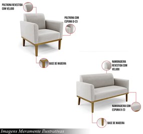 Conjunto Poltrona e Namoradeira Decorativa Isabella Pés Fixo em Madeira Castanho Veludo Cinza G19 - Gran Belo