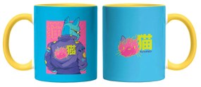 Caneca Cyberpunk Cat Nerd Azul com Alça Amarela