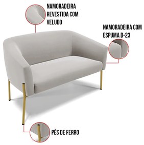 Sofá 2 Lugares Namoradeira Pé de Ferro Dourado Stella Veludo D03 - D'Rossi - Cinza