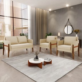 Kit 1 Sofá Namoradeira e 2 Poltronas Lana Suede Bege Base de Madeira - D'Rossi