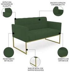Sofá Namoradeira e 1 Poltrona Base Industrial Dourado Ana Veludo Verde
