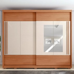 Guarda Roupa Casal Polônia Ripado 2 Portas de Correr com Espelho 6 Gavetas Ripado MDF Freijo/OffWhite/Sued G11 - Gran Belo