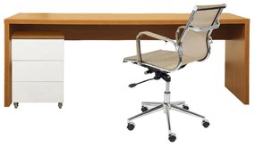 Conjunto Bancada Contemporânea 1,36m Louro Freijó + Módulo 3 Gavetas Louro Freijó e Branco + Cadeira de Escritório Noruega