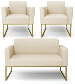 Sofá Namoradeira com 2 Poltronas Base Industrial Dourado Marisa Linho D03 - D'Rossi - A19 Bege
