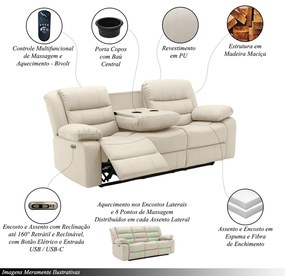 Conjunto Sofás 2 e 3 Lugares Elétricas Sala de Cinema Hollywood com Massagem Aquecimento Entrada USB/USB-C PU Bege G94 - Gran Belo