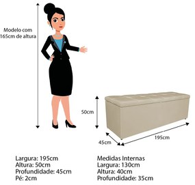 Calçadeira Estofada Manchester 195 cm King Size Corano Bege - ADJ Decor