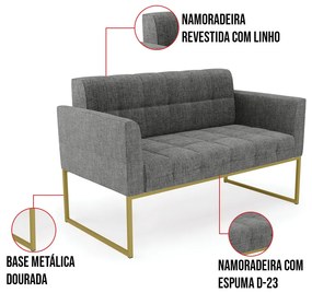Kit 1 Sofá Namoradeira e 2 Poltronas Elisa Linho Base Metálica Industrial Dourado D03 - D'Rossi - A26 Grafite