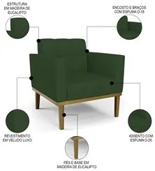 Poltrona Base Madeira Castanho Kit 2 Ana Veludo Luxo Verde - Ibiza
