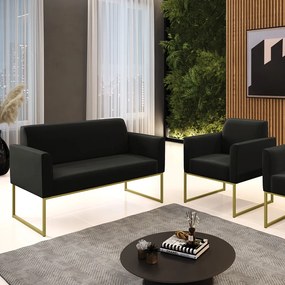 Sofá Namoradeira com Poltrona Base Industrial Dourado Marisa Suede Preto D03 - D'Rossi