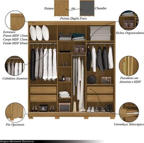 Guarda Roupa Casal Heros 3 Portas de Correr Dupla Face com Gavetas MDF Nature/Chumbo G98 - Gran Belo
