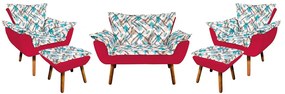 Kit 01 Namoradeira com 02 Poltronas e 02 Puffs Opala Composê Suede com Estampado Traçado Azul D33 Pés Palito Castanho - Vermelho