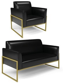 Sofá Namoradeira com Poltrona Base Industrial Alta Dourado Marisa Corano D03 - D'Rossi - Preto