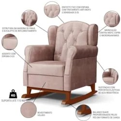 Kit 02 Poltronas Amamentação Base Madeira Balanço Lucy Z39 Veludo Rosê