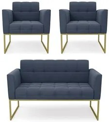 Sofá Namoradeira e 2 Poltronas Base Industrial Dourado Ana Suede Azul