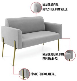 Sofá Namoradeira e 2 Poltronas Pé de Ferro Dourado Marisa Suede D03 - D'Rossi - Cinza