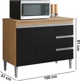 Balcão Cozinha com Tampo 100cm 3 Gavetas Leticia Amêndoa/Preto A01 - D'Rossi