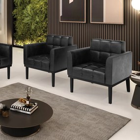 Kit 2 Poltronas Decorativas Karen Pés Fixo em Madeira PU Preto Brilho G19 - Gran Belo