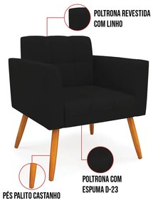 Kit 1 Sofá Namoradeira e 1 Poltrona Elisa Linho Pés Palito Castanho D03 - D'Rossi - A79 Preto
