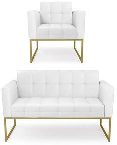 Kit 1 Sofá Namoradeira e 1 Poltrona Elisa Corino Branco Base Metálica Industrial Dourado - D'Rossi