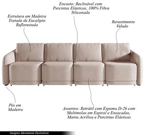 Sofá Cama Modulado Retrátil e Reclinável Decorativo Varsóvia 436cm Veludo Rosê G33 - Gran Belo