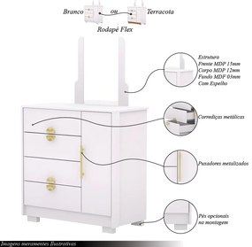 Cômoda Sapateira Flex Vollard 4 Gavetas 1 Espelho 1 Porta e Prateleira Branco/Terracota G98 - Gran Beloo