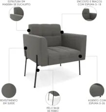 Poltrona Para Sala Pé Metal Preto Kit 2 Ana Suede Grafite - Ibiza