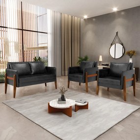 Kit 1 Sofá Namoradeira e 2 Poltronas Lana Corano Preto Base de Madeira